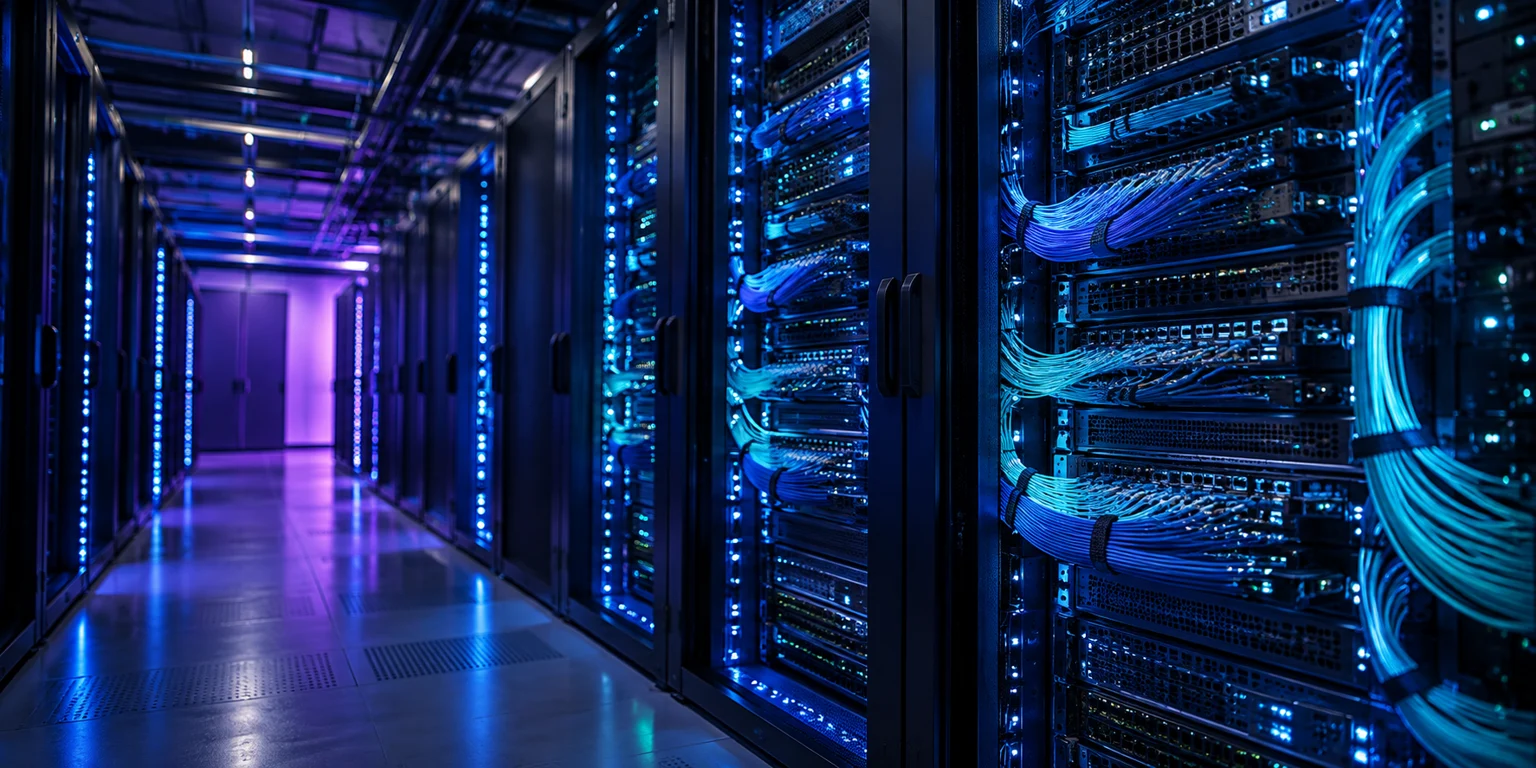 Illustration of connected server infrastructure illuminated in blue and teal